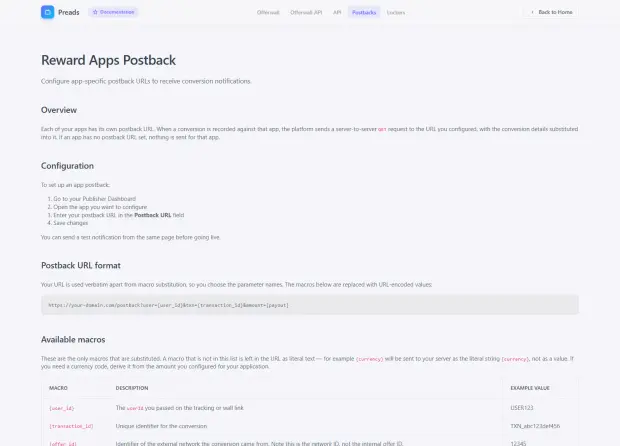 Postback documentation page