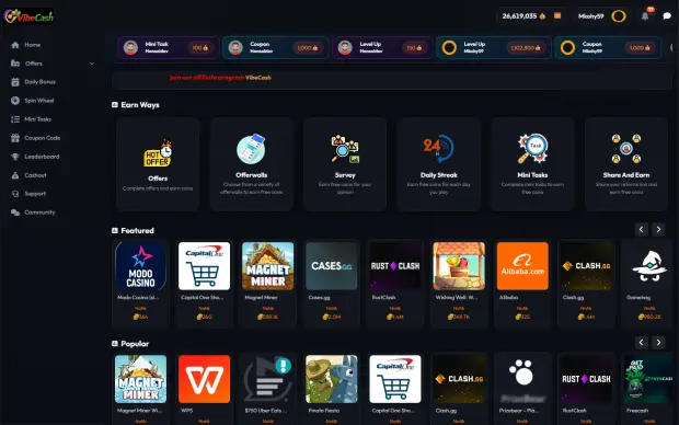The VibeCash member dashboard showing balance, earn ways and featured offers