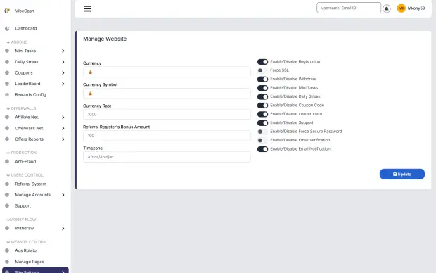 Admin control settings