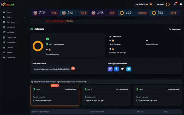 The VibeCash referral screen showing commission tiers and a member referral link