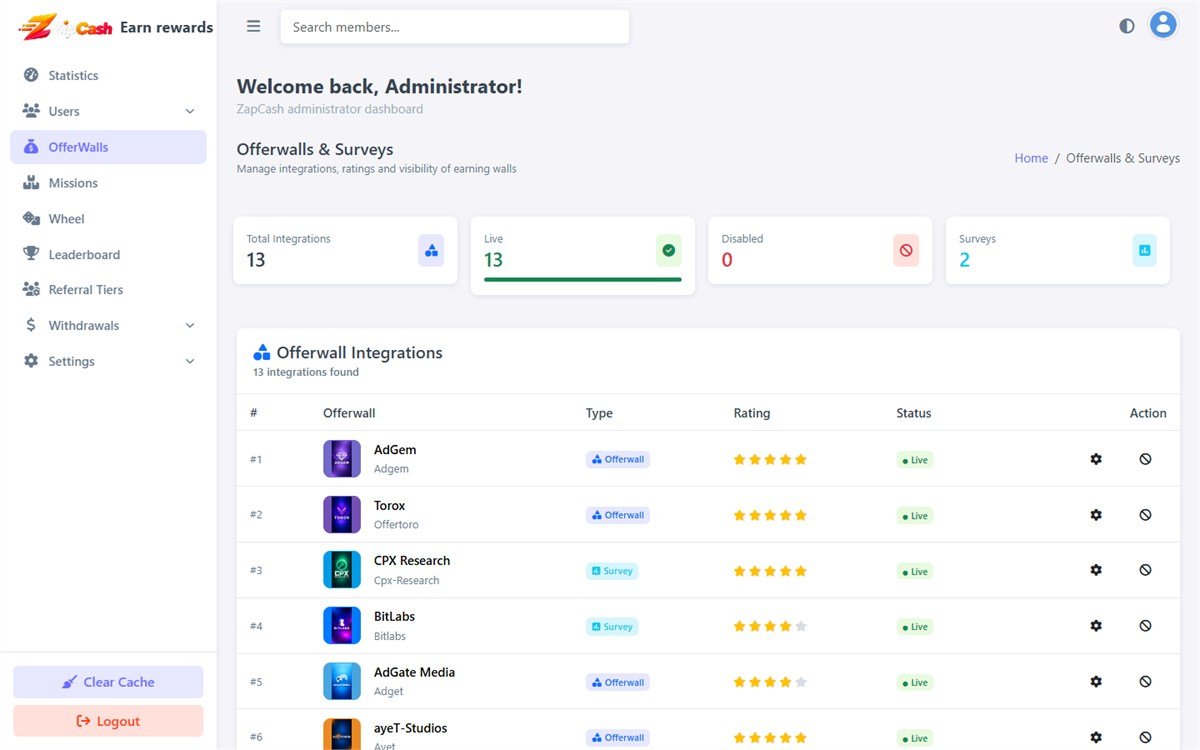 The administrator offer walls list showing configured offer providers with status controls.