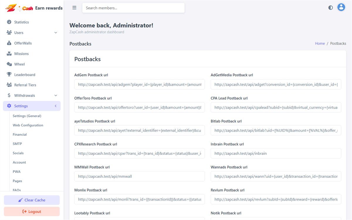 The offer wall postback reference screen listing provider callback parameters.