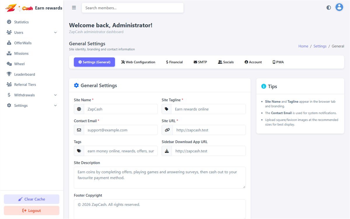 The general settings screen with site name, description, keywords, logo and contact fields.