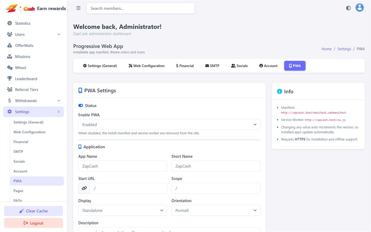 The PWA settings screen with app name, short name, description, icons, start URL, scope, display mode and theme colours.