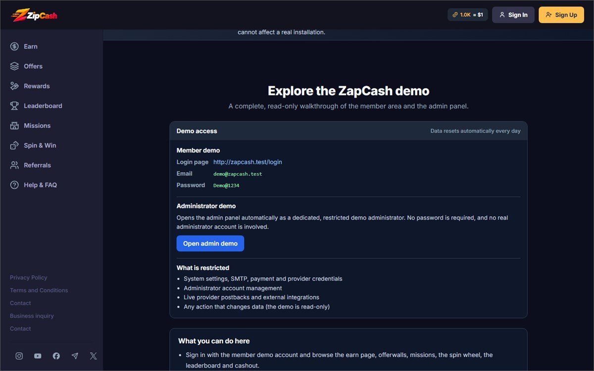 The demo landing page showing the member demo credentials, an Open admin demo button and a list of what the demo restricts