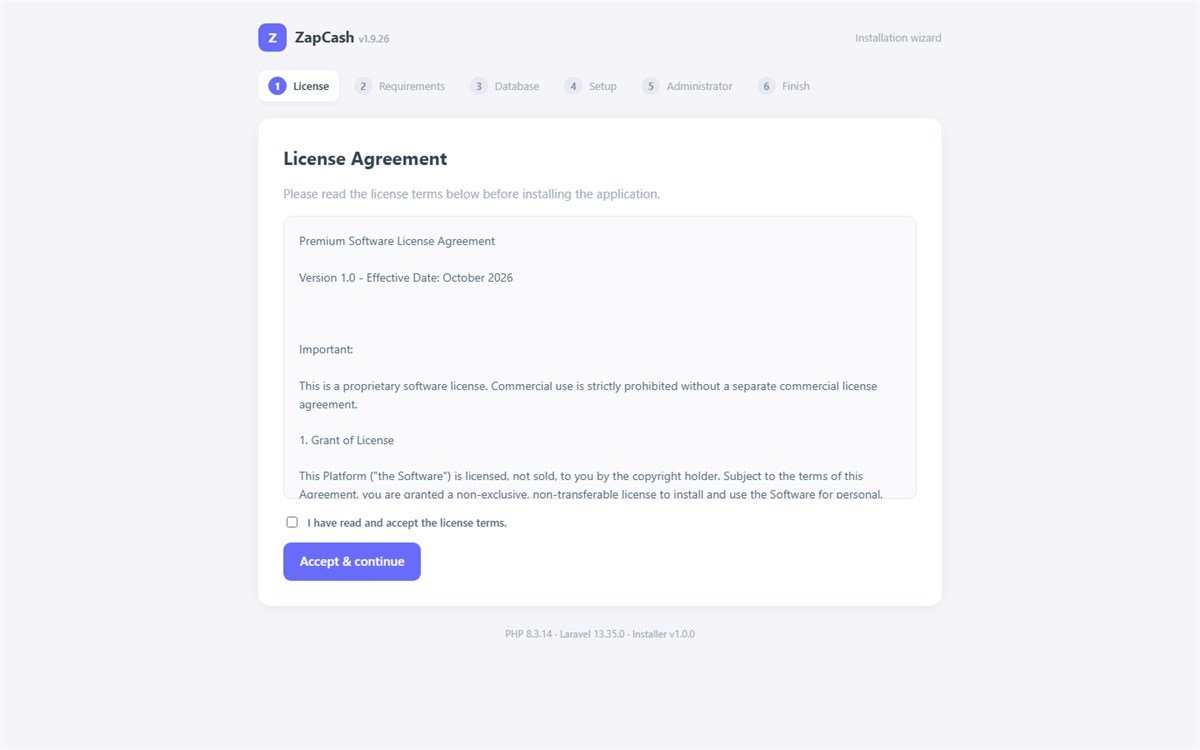 Step 1 of the installation wizard showing the licence agreement with an acceptance checkbox and a continue button, and a six-step progress indicator.
