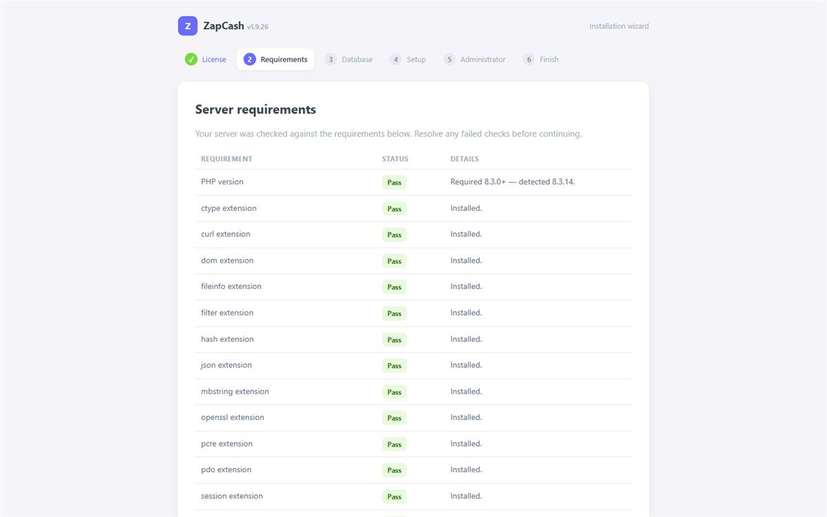 Step 2 of the installation wizard showing a table of server requirements with Pass status badges, including PHP version 8.3 and required extensions.