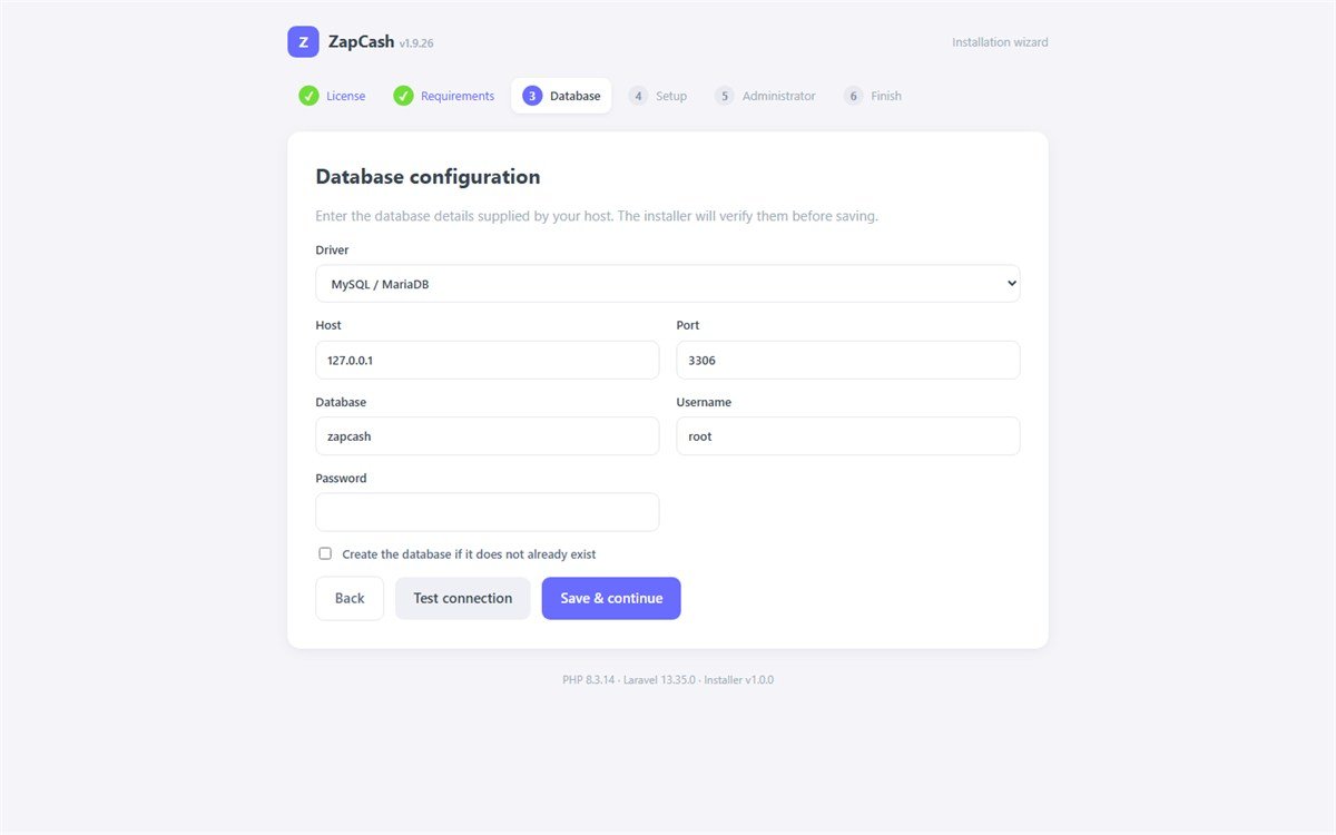 Step 3 of the installation wizard showing database connection fields for driver, host, port, database name, username and password.