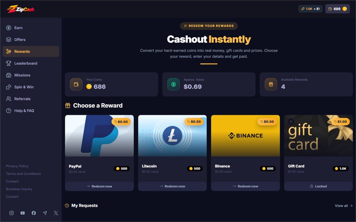 The member cashout page listing available payout methods with minimum amounts and a request button.