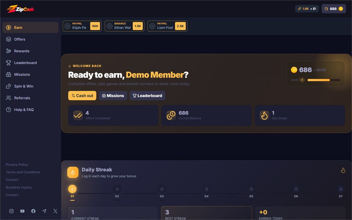 The member earn page showing current coin balance, offers completed, day streak and quick links to cash out, missions and leaderboard.