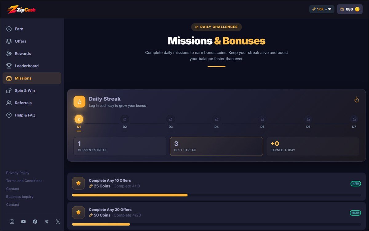 The member missions page listing daily tasks that can be claimed for a reward.