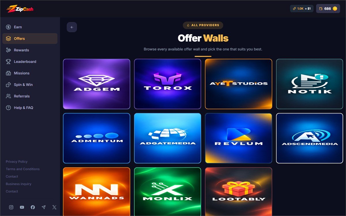 An offer wall listing available offers that members can complete for coins.