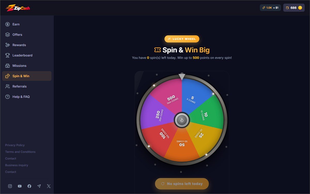 The member spin the wheel page showing a prize wheel and a spin button.