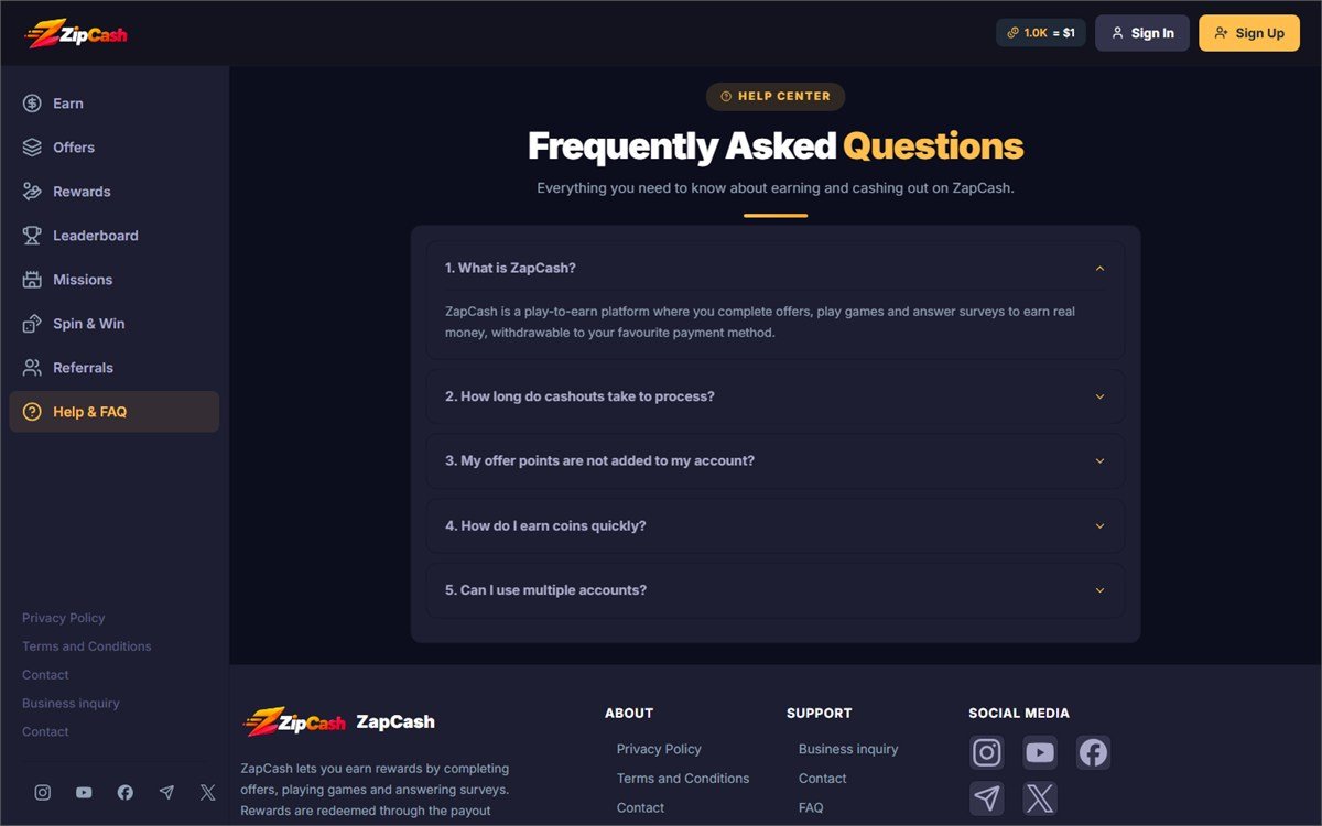 The public frequently asked questions page listing questions and answers.