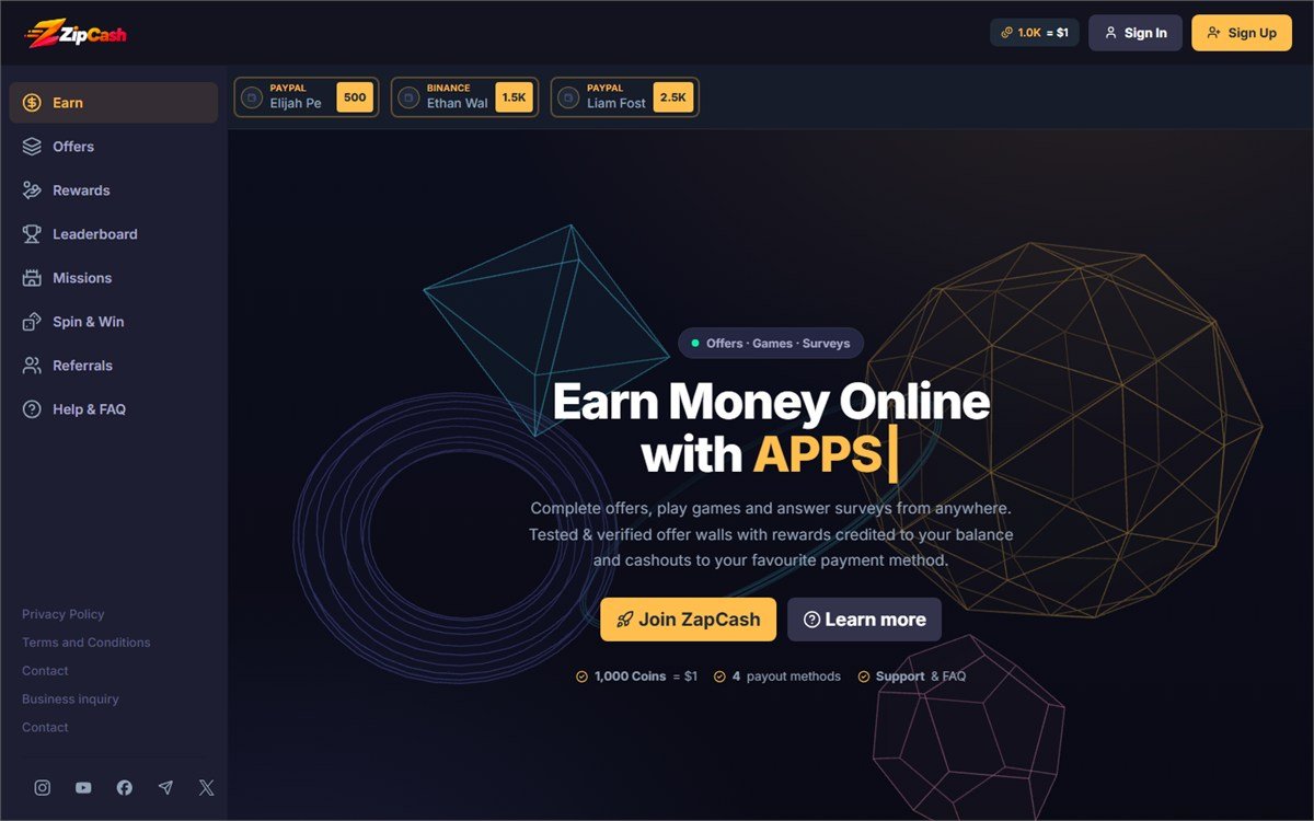 The ZapCash member home page with a dark sidebar navigation listing Earn, Offers, Rewards, Leaderboard, Missions, Spin & Win and Referrals