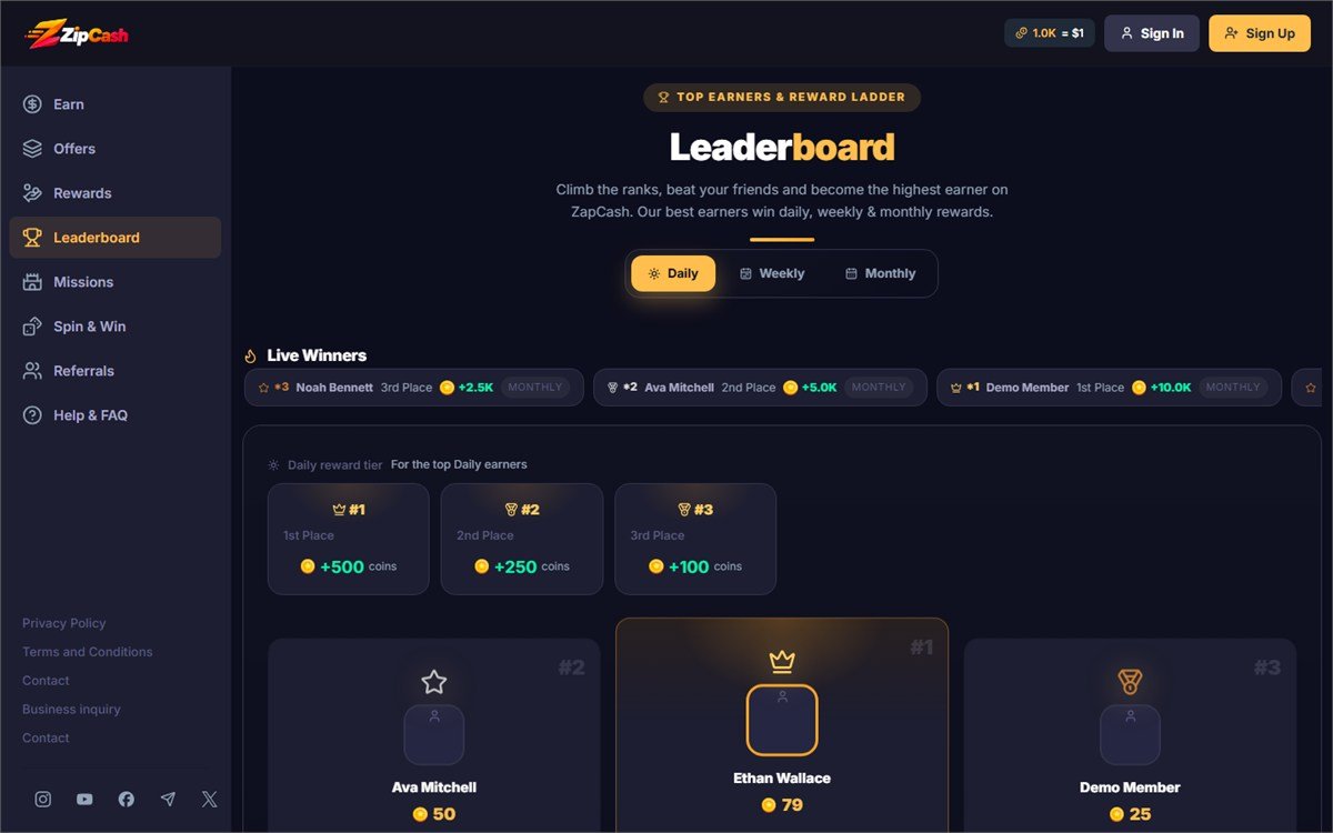 The public leaderboard page showing ranked top earners.