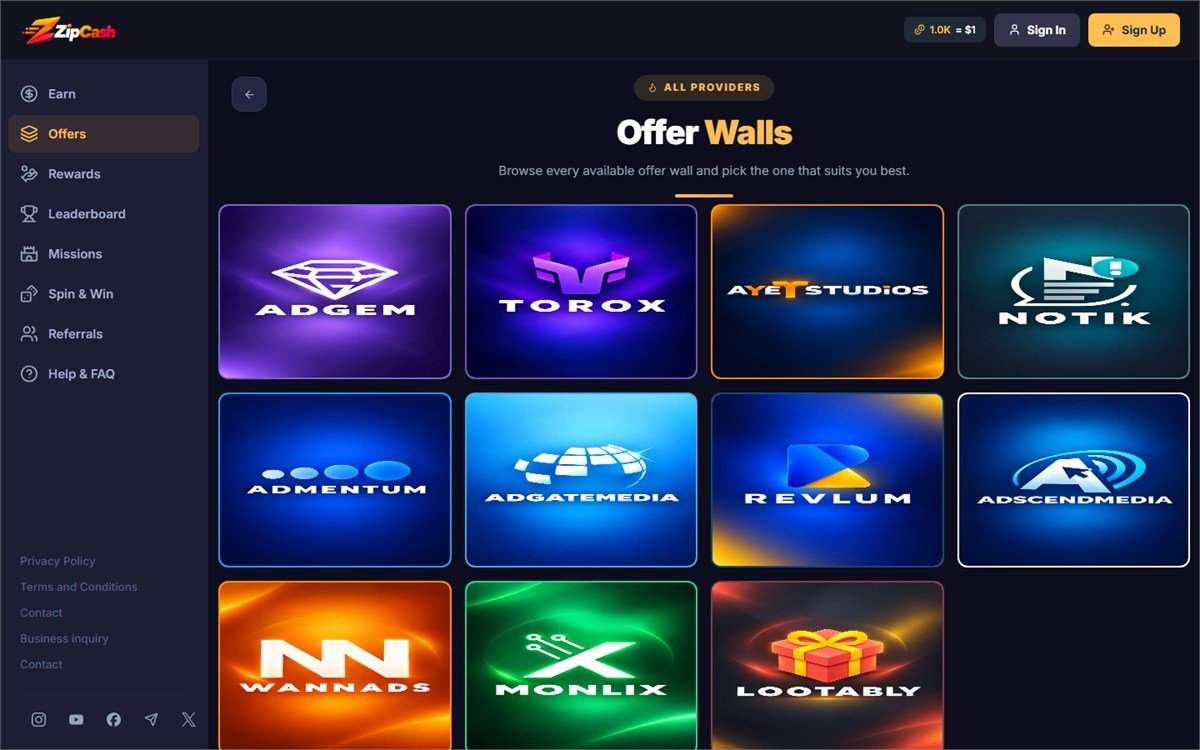 The public offer walls page listing the offer providers available on the site.