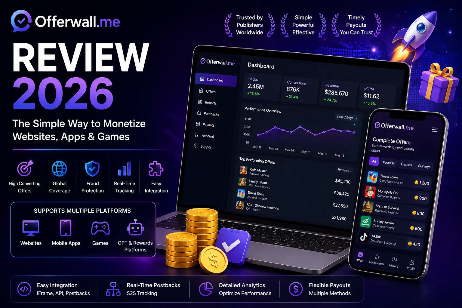 Offerwall.me Review 2026: Features, Integration, API, Postbacks & Publisher Payouts