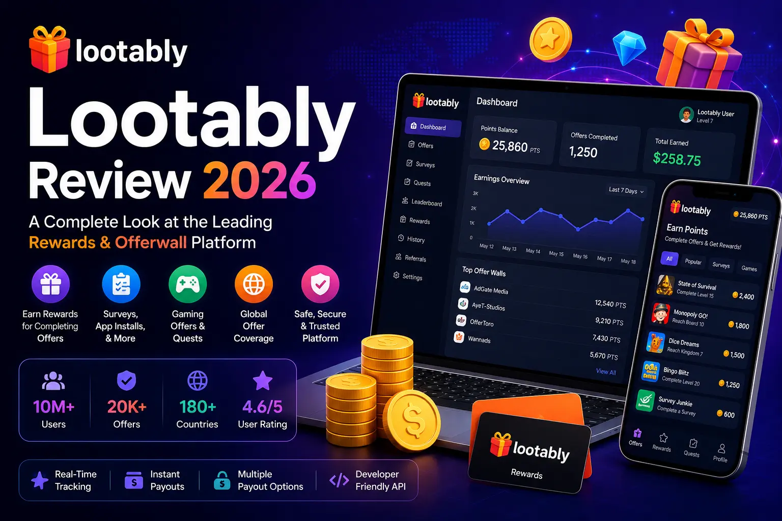 Lootably Review 2026: Features, API, Postbacks, Offers, Payouts & Integration
